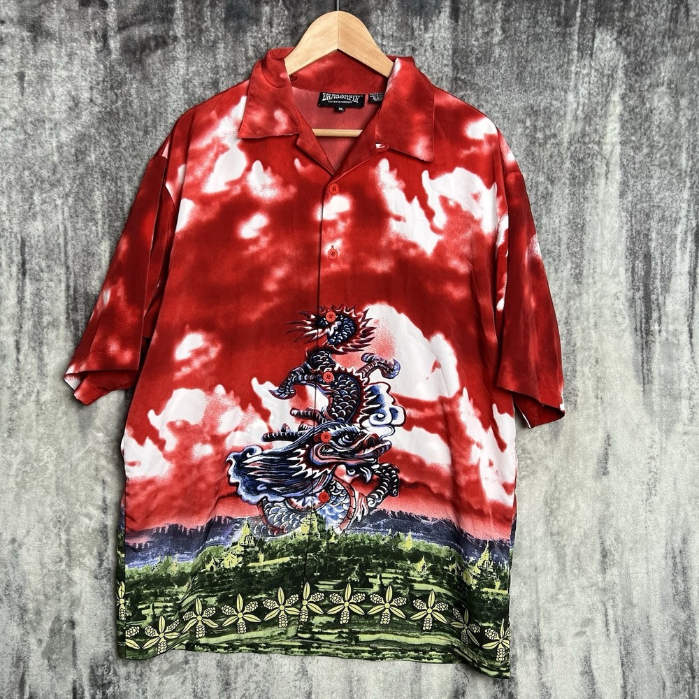 Vintage Y2K Dragonfly Japanese Chinese Dragon AOP Button Up Shirt Size XL